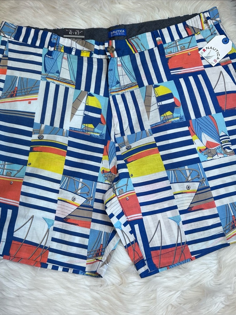 New Nautica Sailboat Linen Blend Flat Front Shorts Mens 42 8.5" Patchwork Preppy
